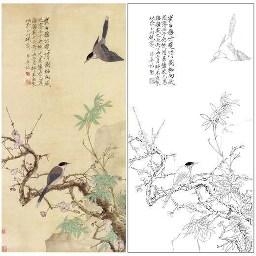 【大彩图】于非闇工笔画白描底稿《仿崔白-梅竹双清图》梅花临摹勾线高清打印稿YF15 商品图0
