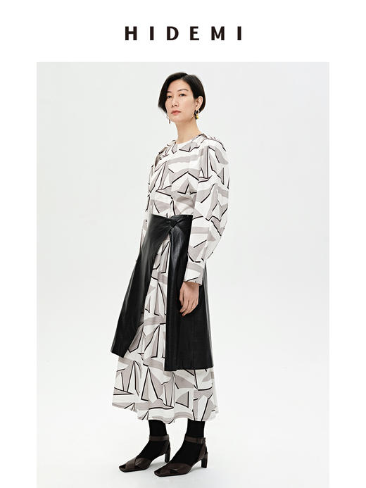 HIDEMI 简约几何印花设计感廓形显瘦收腰露背连衣裙 商品图6