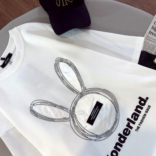 棉拼接烫钻兔子假两件长袖T恤衫2022早春新款宽松男女上衣 商品图5