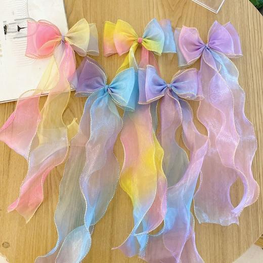 精品进口雪花纱冰雪公主头饰儿童大蝴蝶结长飘带编发发夹马尾夹子 商品图6