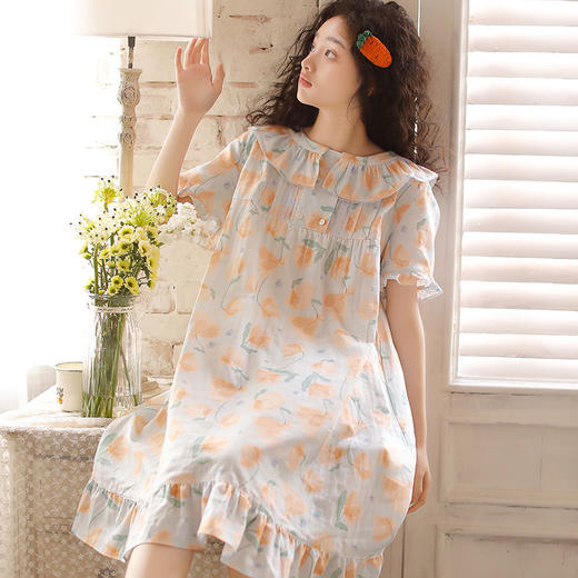 古拉苏夏季女棉双层睡裙日系甜美花卉圆领套头中长款休闲家居裙 商品图2