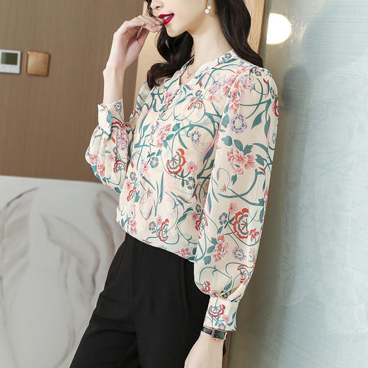 仙美繁花似锦，气质雪纺印花长袖衬衫雪纺衫上衣KQL-6012 商品图1