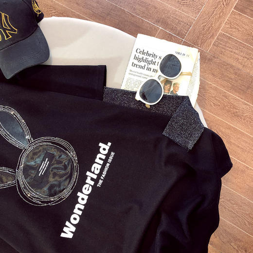 棉拼接烫钻兔子假两件长袖T恤衫2022早春新款宽松男女上衣 商品图6