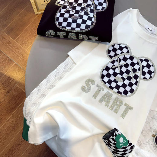 棉韩国东大门新款ins烫钻卡通长袖T恤加厚蕾丝袖上衣女 商品图4