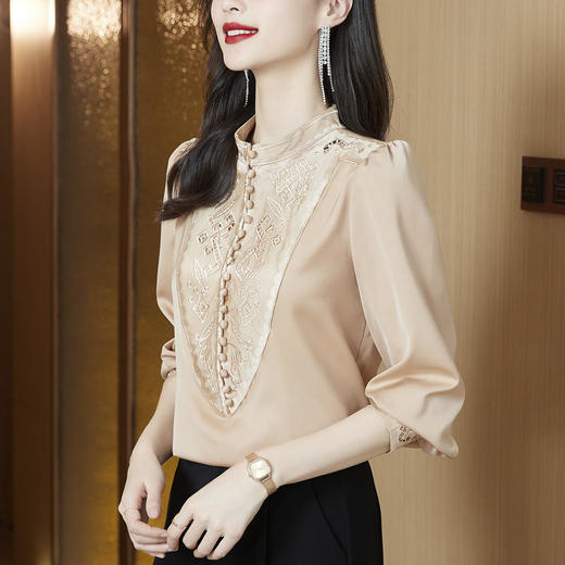 KQL 439H664绣花缎面重磅仿真丝衬衫 商品图0