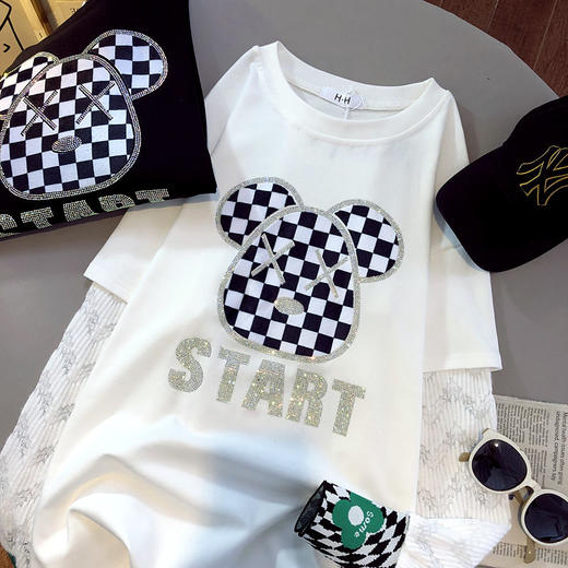 棉韩国东大门新款ins烫钻卡通长袖T恤加厚蕾丝袖上衣女 商品图1