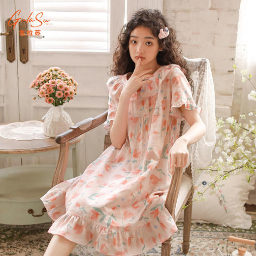 古拉苏夏季女棉双层睡裙日系甜美花卉圆领套头中长款休闲家居裙 商品图0