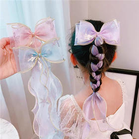 精品进口雪花纱冰雪公主头饰儿童大蝴蝶结长飘带编发发夹马尾夹子
