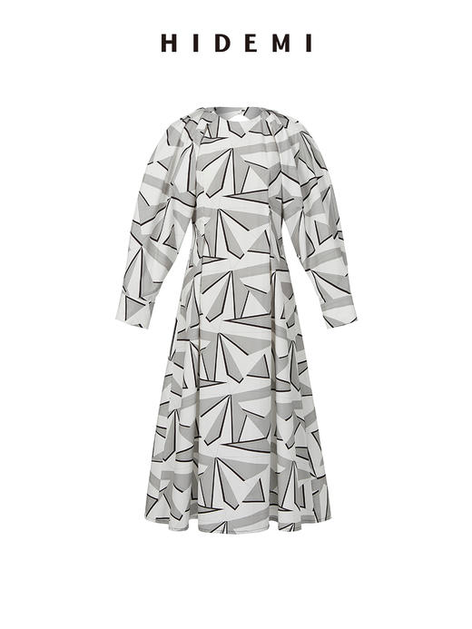 HIDEMI 简约几何印花设计感廓形显瘦收腰露背连衣裙 商品图7