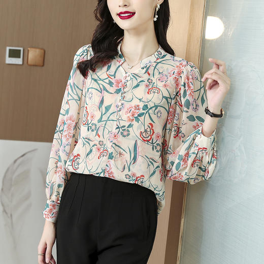 仙美繁花似锦，气质雪纺印花长袖衬衫雪纺衫上衣KQL-6012 商品图4