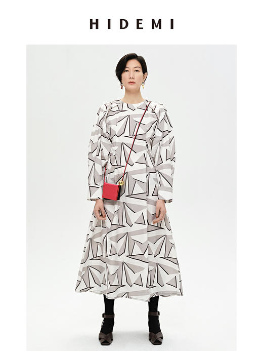 HIDEMI 简约几何印花设计感廓形显瘦收腰露背连衣裙 商品图1