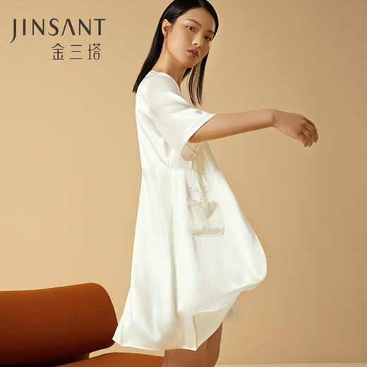 金三塔100%桑蚕丝重磅真丝花瓣绣包边纯欲风法式复古袍白色家居服 YSFCB101 商品图0