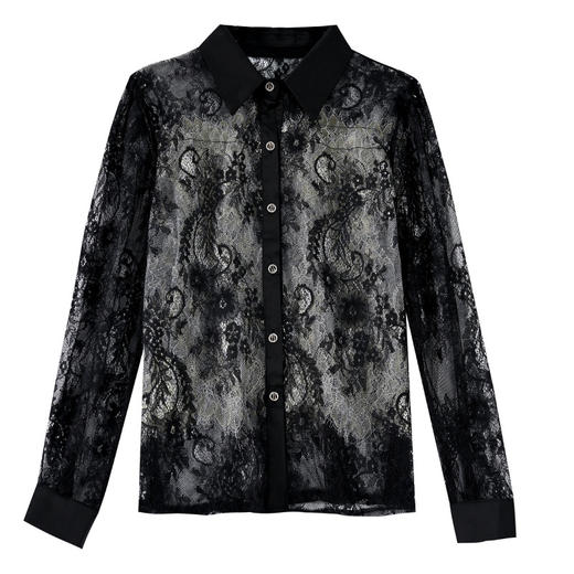 春夏新款衬衫女设计感小众Polo领网纱提花蕾丝上衣气质衬衣KQL-839 商品图4