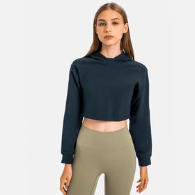 秋冬新款长袖连帽露腰短款健身运动卫衣女