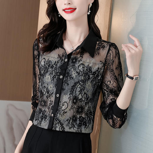 春夏新款衬衫女设计感小众Polo领网纱提花蕾丝上衣气质衬衣KQL-839 商品图1