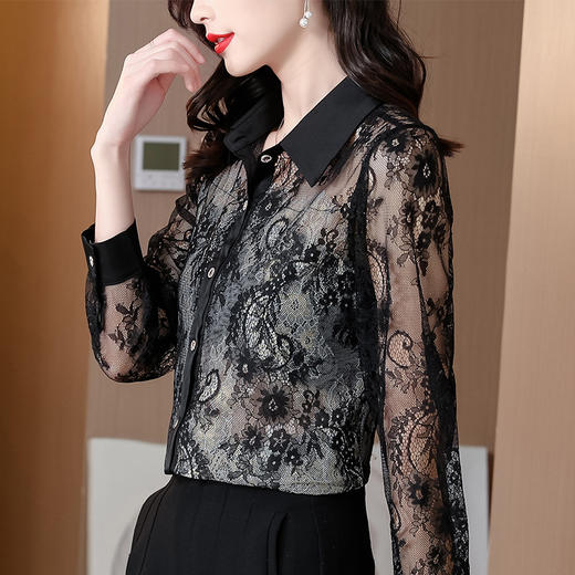 春夏新款衬衫女设计感小众Polo领网纱提花蕾丝上衣气质衬衣KQL-839 商品图0