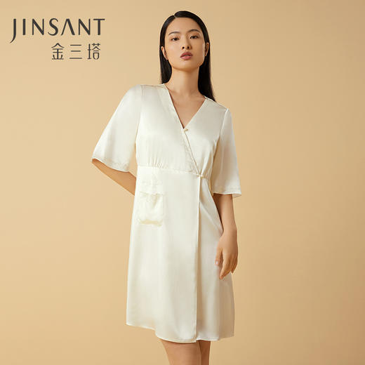 金三塔100%桑蚕丝重磅真丝花瓣绣包边纯欲风法式复古袍白色家居服 YSFCB101 商品图1