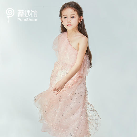 PureShare 蓬纱馆儿童礼服公主裙女童短袖钢琴演出服高端小女孩生日模特走秀-亮片斜肩礼服裙 商品图2