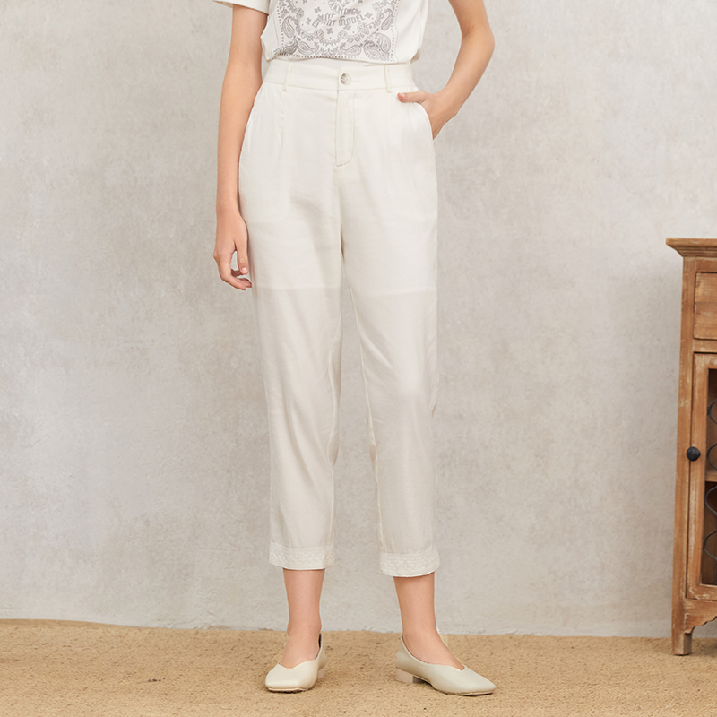 famecoco范可儿裤子女夏薄款白色直筒休闲裤时髦时尚洋气F223GA027