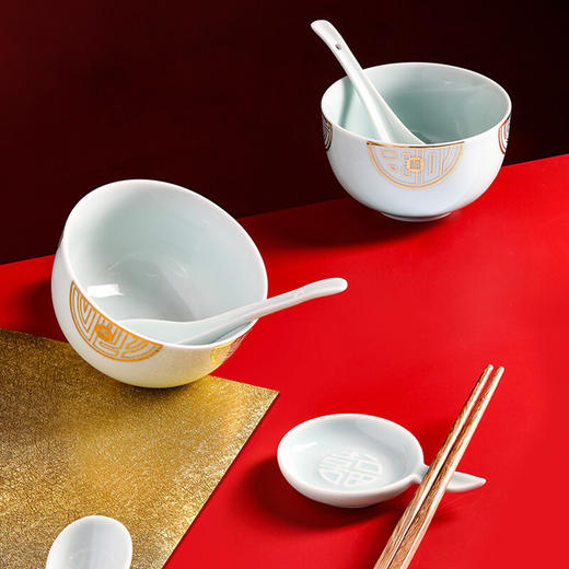 清朴堂 禧福世家餐具套装 鸡翅木筷6双+隐青碗6只+勺6只+碟6只 商品图3