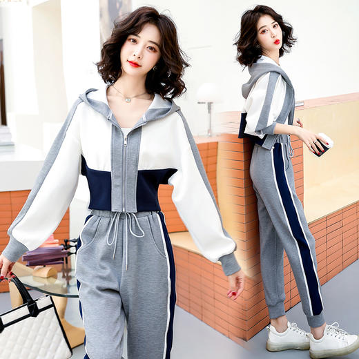 休闲显瘦，慵懒风长袖大码拼接女潮牌套装两件套HR-BX1976 商品图0