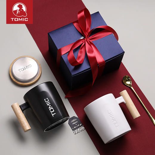 特美刻（TOMIC）马克杯 带盖咖啡杯子情侣陶瓷杯创意木柄牛奶杯水杯随手茶杯 TCL1329 白色400ML 商品图5