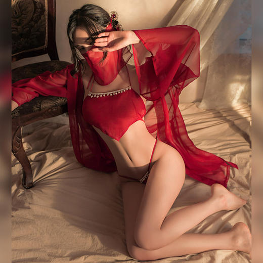 【翩若惊鸿】情趣内衣 FM 舞纱幔珠坠 套装:面帘 肚兜 T裤 外衫 腰带 睡袍 套装 内裤女 包邮 型号：7984 商品图2