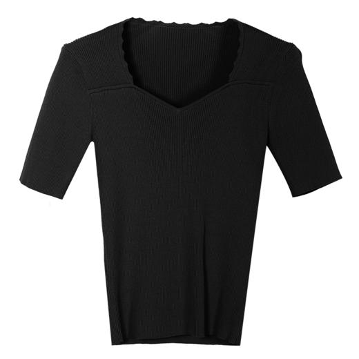 剩S 米思阳2024夏季新款时尚通勤针织T恤薄款桃心领修身短袖上衣0727 商品图4