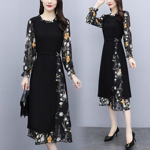 【NYL】碎花连衣裙女2022早秋新款时尚洋气圆领拼接雪纺收腰显瘦假两件潮 商品图3