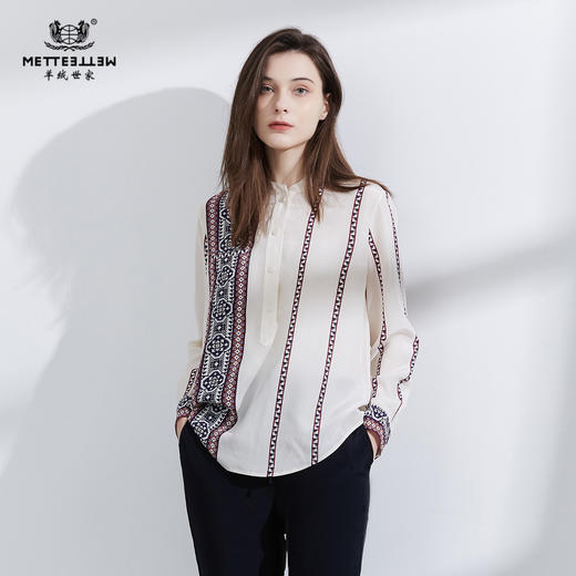 METTE22年春夏新品女100%桑蚕丝衬衫时尚竖条纹撞色长袖真丝上衣 商品图0