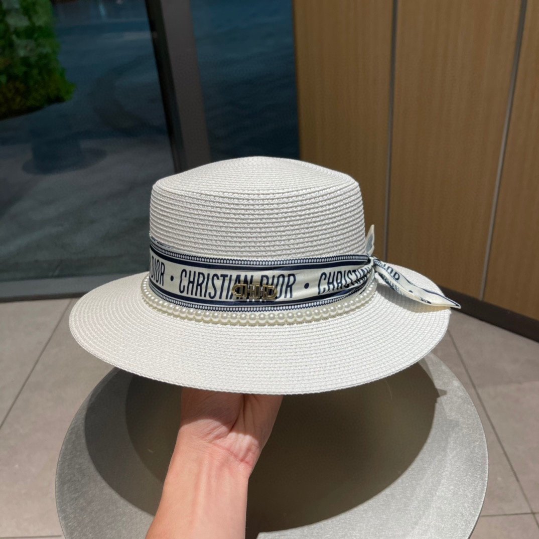 迪奥dior 2022早春新款夏季新品赫本风优雅波点白色礼帽欧美平顶帽沙