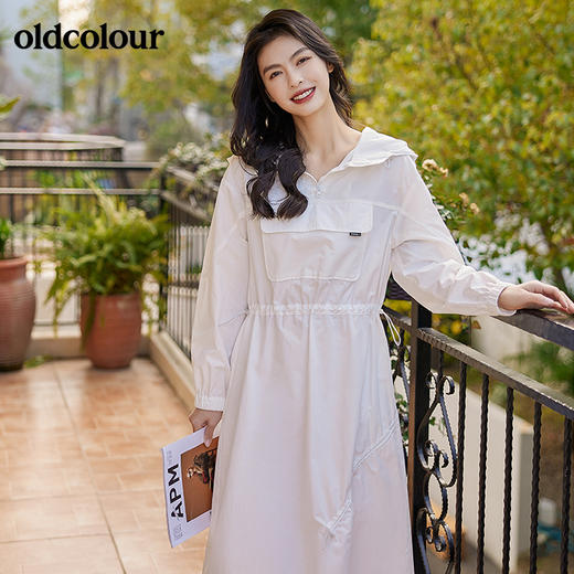 oldcolour2022春季设计感大口袋全棉连帽白色连衣裙BO12103076B 商品图4