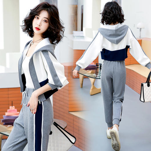 休闲显瘦，慵懒风长袖大码拼接女潮牌套装两件套HR-BX1976 商品图1