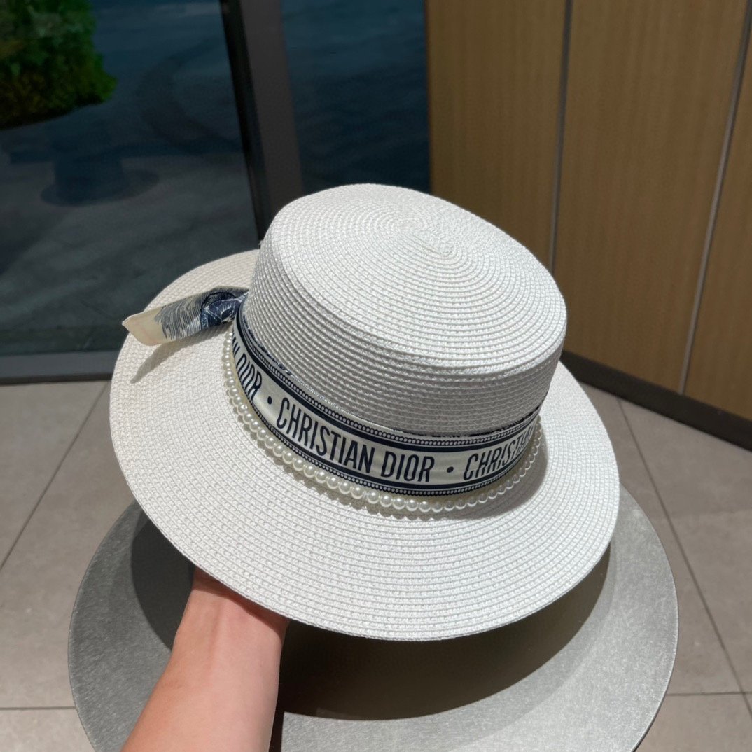 迪奥dior 2022早春新款夏季新品赫本风优雅波点白色礼帽欧美平顶帽沙