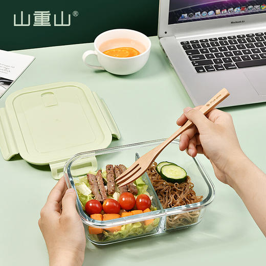 山重山保鲜碗玻璃饭盒微波炉专用碗盒上班族学生带饭高硼硅玻璃便当盒带盖套装餐盒大容量密封碗 【顺丰】2隔断1L+640ml+包+餐具【天蓝】 商品图2