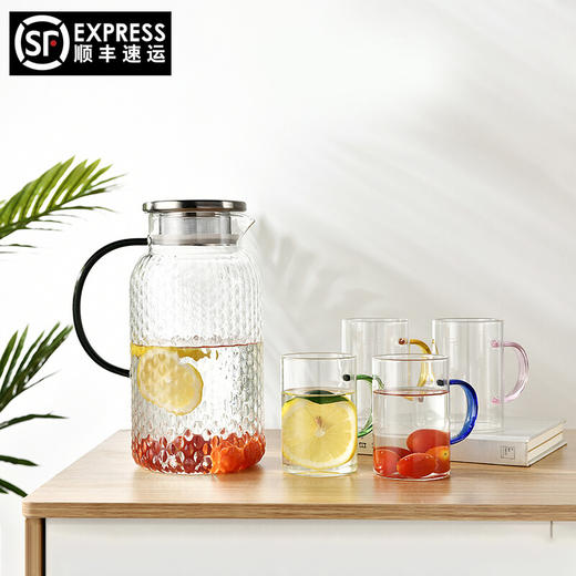 山重山玻璃杯水杯凉水壶套装家用耐高温泡茶杯高硼硅玻璃水杯带把手大容量茶壶 【顺丰】菠萝壶1800ml+4色把杯 商品图0