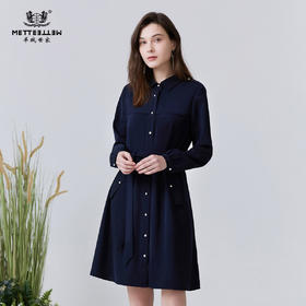 METTE22年春夏新品女士中长款连衣裙时尚系带收腰长袖雪纺衬衫裙