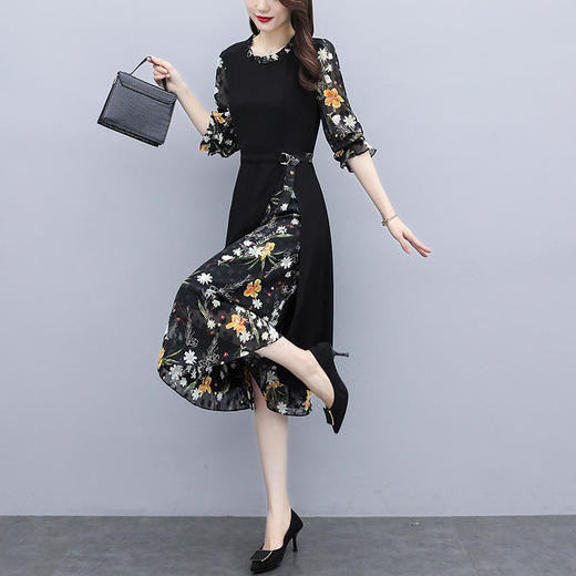 【NYL】碎花连衣裙女2022早秋新款时尚洋气圆领拼接雪纺收腰显瘦假两件潮 商品图2