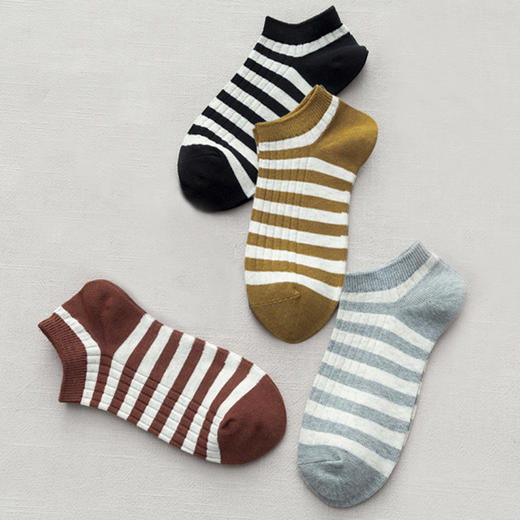 【女士粗条纹船袜】日式简约无印春夏款长绒棉双针条纹款女式高筒船袜良品休闲女袜 商品图0