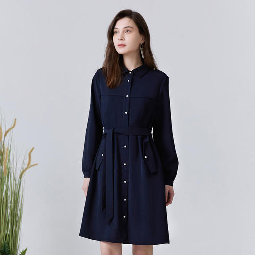 METTE22年春夏新品女士中长款连衣裙时尚系带收腰长袖雪纺衬衫裙 商品图2