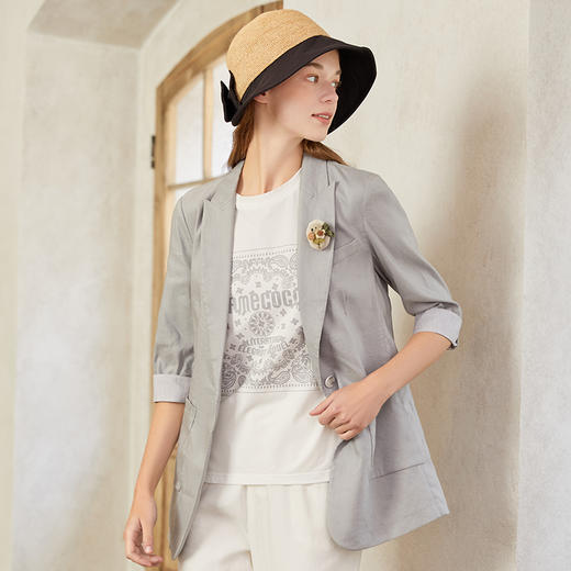 Famecoco范可儿灰色休闲西装外套女小个子新款气质时尚西服夏F223AW003 商品图1
