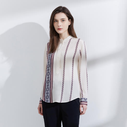 METTE22年春夏新品女100%桑蚕丝衬衫时尚竖条纹撞色长袖真丝上衣 商品图1