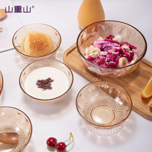 山重山（MOM）玻璃碗套装水果沙拉碗大容量玻璃餐具微波炉耐热泡面碗加厚汤碗透明碗 【顺丰】琥珀色小碗6件套【5英寸】 商品图3