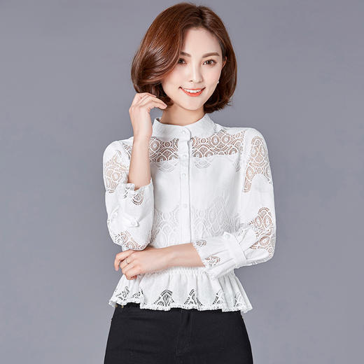 AHM-sscl1037新款时尚优雅气质立领长袖镂空蕾丝打底衫 商品图1