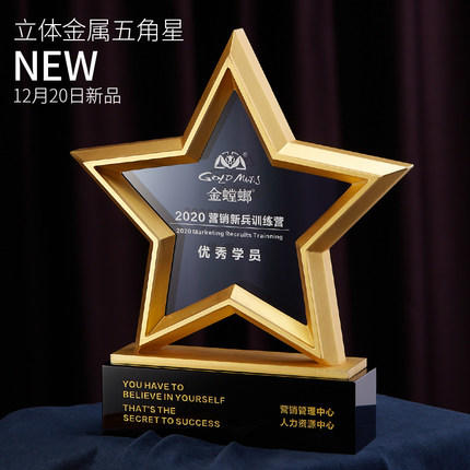金属五角星水晶奖杯牌定制定做年会员工合作伙伴刻字2021年会颁奖 商品图2