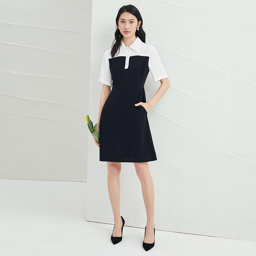 EITIE爱特爱夏季新款黑白撞色通勤时尚气质翻领收腰a字连衣裙B2207916 商品图2