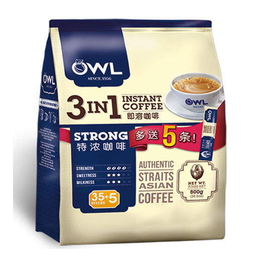马来西亚进口 猫头鹰(OWL) 三合一特浓速溶咖啡粉 800g（40条x20g） 商品图0