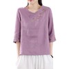 XY-BS9235 2022夏季新款复古盘扣棉麻中袖V领T恤衫宽松大码文艺刺绣亚麻上衣 商品缩略图3