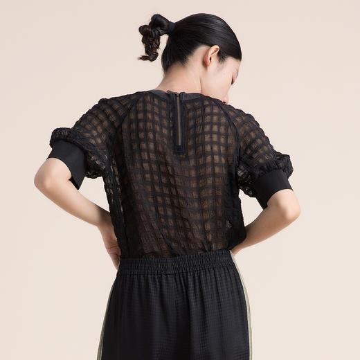 谜底2022夏季新简约复古图案刺绣圆领雪纺短袖上衣女222MS0555 商品图2