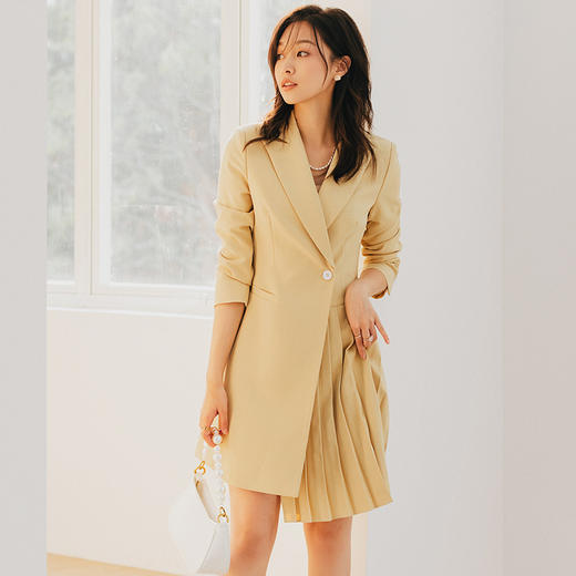 高端黄色连衣裙女春秋新款时尚ol不规则职业西装裙通勤 商品图3